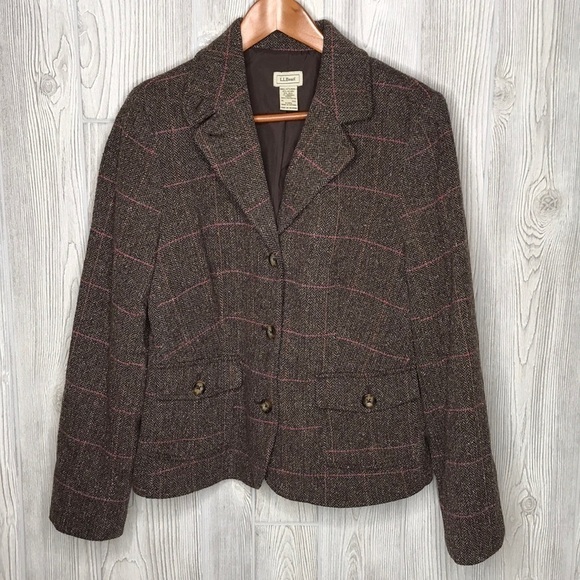 Vintage L.L Bean Brown/Pink Wool Blend Plaid Blazer Jacket - Picture 1 of 14